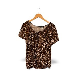 Womens Leopard Print Tie Neck Short Sleeve Top Blouse Casual‎ Everyday Sz M